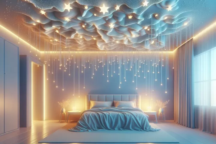 A dark bedroom ceiling opening with glowing stars pouring into the room.