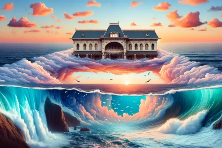 A dreamlike room where the ceiling opens into a vast glowing ocean overhead.