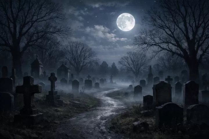 Moonlit cemetery at night with gravestones, mist, and a winding path