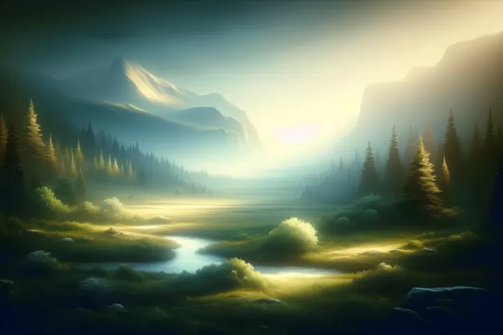 A dreamlike dark landscape with a glowing distant light pulling the viewer forward.