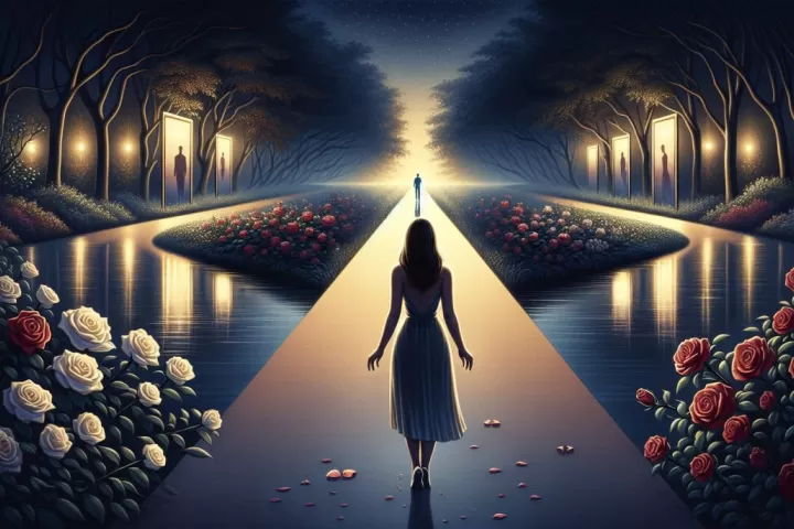 A symbolic figure standing between two paths under moonlight, reflecting conflict, guilt, and divided loyalty