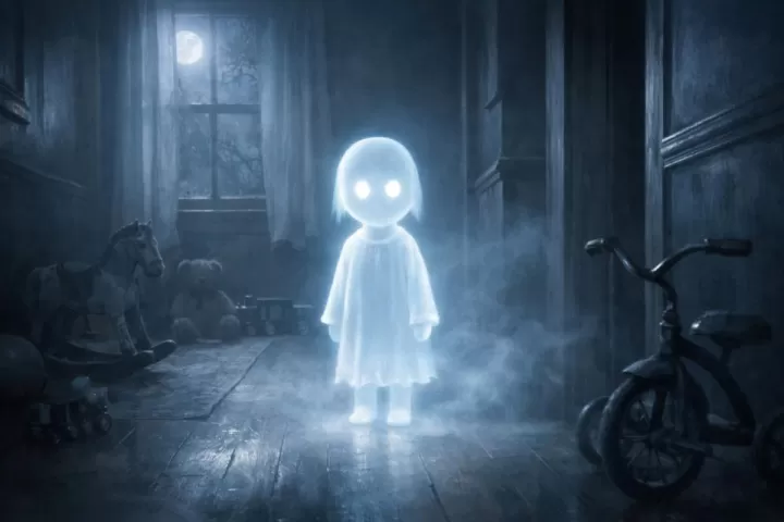 Symbolic illustration of a glowing child ghost in a moonlit hallway with a calm, mysterious atmosphere