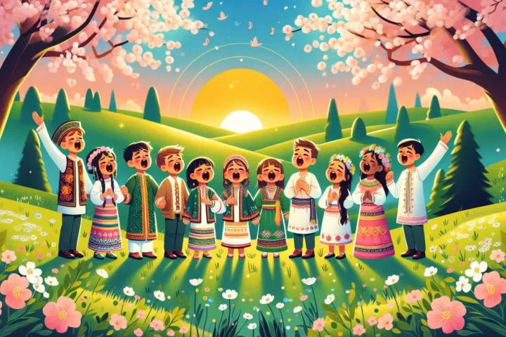 Dreamlike children singing in the distance across a soft glowing landscape.