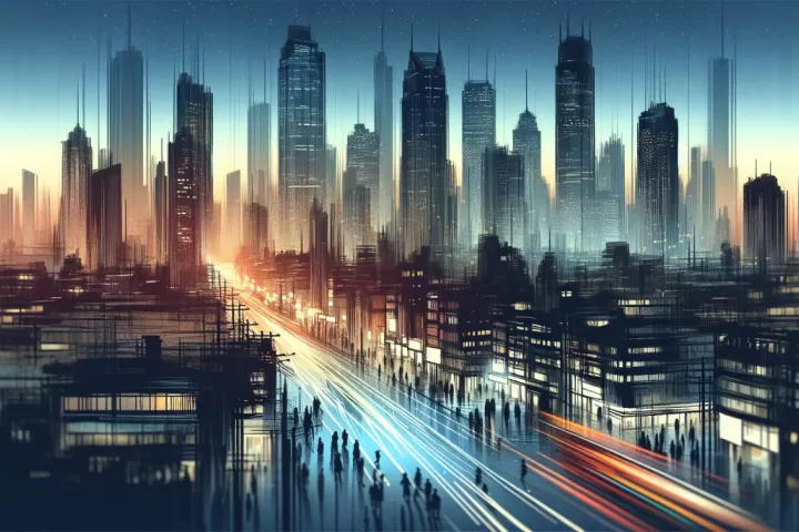 A dreamlike city skyline at dusk symbolising identity, movement, pressure, and possibility in dreams.