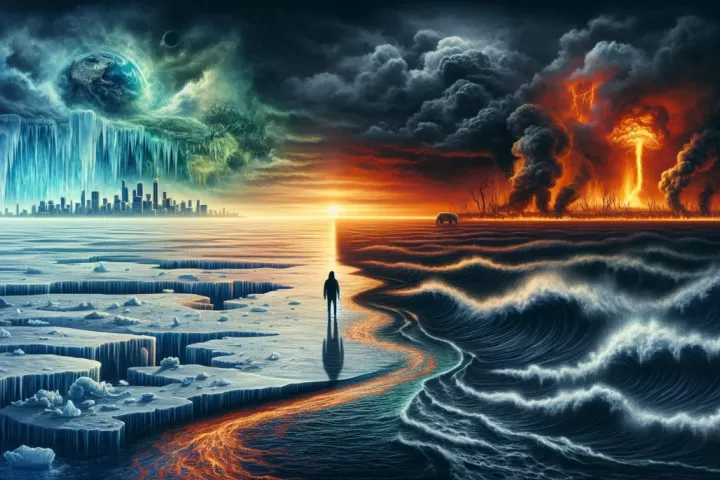 Symbolic illustration of a person facing storms, fire, melting ice, and rising water in an apocalyptic climate scene