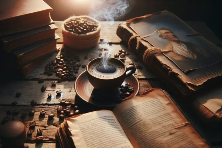A steaming cup of coffee with coffee beans and a journal.