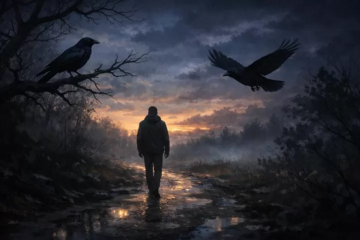 A symbolic illustration of a person walking at twilight with a crow following nearby.
