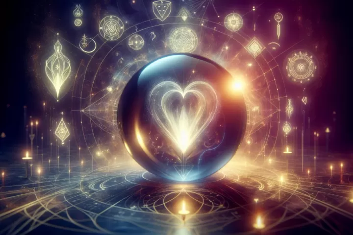 A glowing crystal ball in a dreamlike setting surrounded by symbols of intuition and hidden knowledge