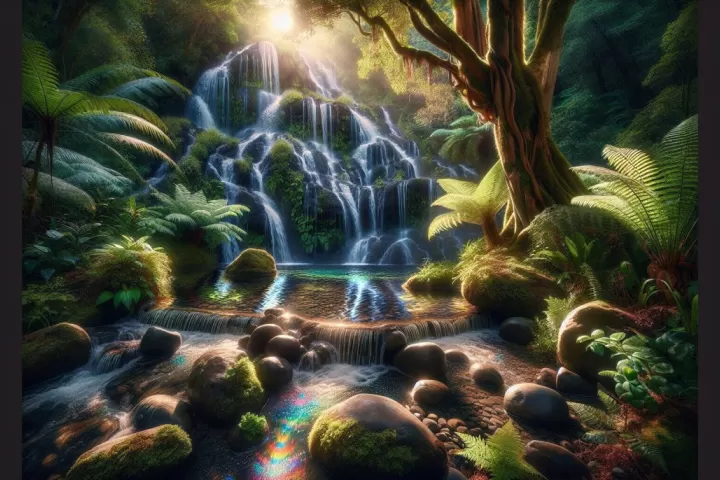 A tranquil crystal waterfall flowing through a vibrant forest