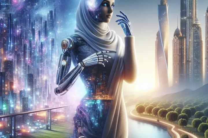 Symbolic illustration of a person with cyborg body parts in a dreamlike landscape between nature and technology