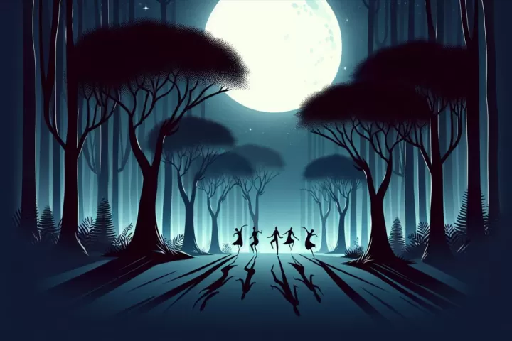 Illustration of ethereal shadows dancing under moonlight, symbolizing mystery and dreams.