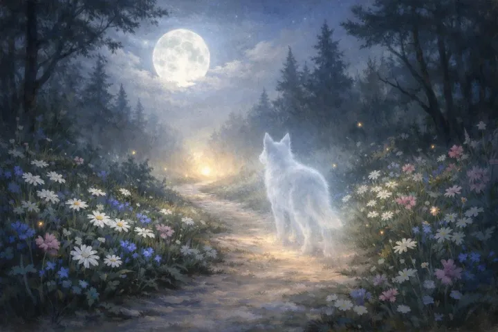 Symbolic illustration of a moonlit path with the spirit of a dog fading into soft light, representing loss and loyalty