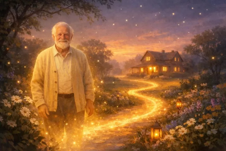 Symbolic illustration of a deceased grandfather appearing in a peaceful twilight garden with a glowing path and warm light