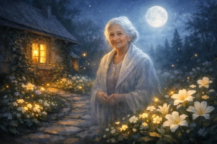 Symbolic illustration of a deceased grandmother appearing peacefully in a moonlit garden near a glowing house