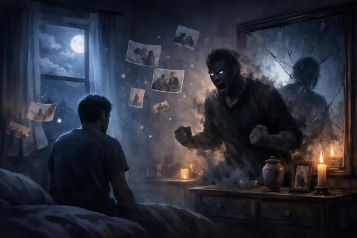 Symbolic illustration of a dreamer facing an angry deceased person in a twilight room filled with memory-like shadows