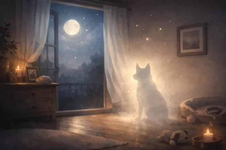Symbolic illustration of a beloved pet's fading silhouette in a peaceful moonlit room