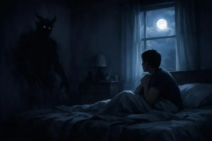 Symbolic illustration of a person in bed seeing a shadowy demon-like figure in their room at night