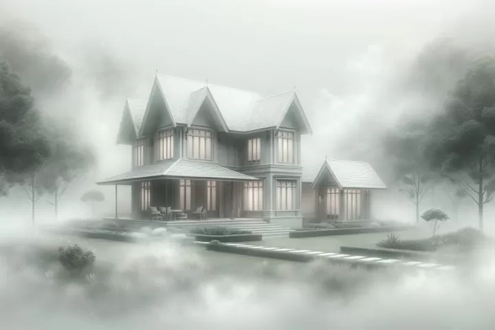 An ethereal house fading into mist, symbolizing dreams of disappearing homes.
