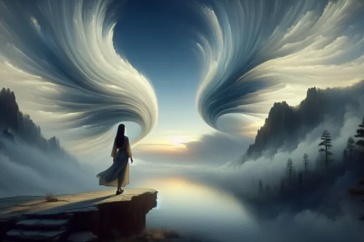 A dreamlike figure discovering luminous wings, symbolising freedom, awakening, and inner potential.