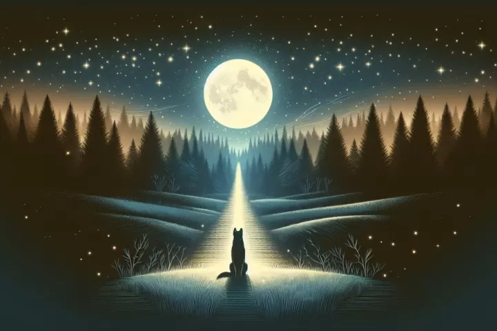 Symbolic illustration of a dog on a moonlit path representing loyalty, protection, and instinct in dreams