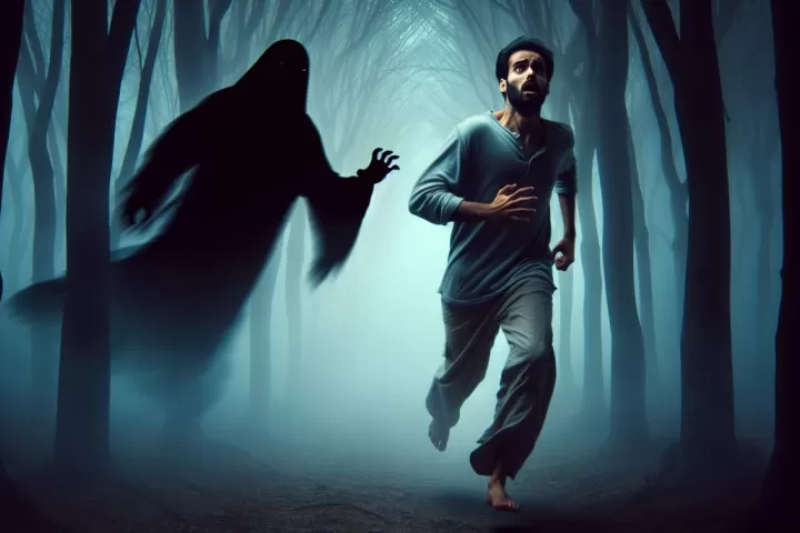 A person running while a dark figure follows behind, symbolising fear and emotional pressure in a chase dream.