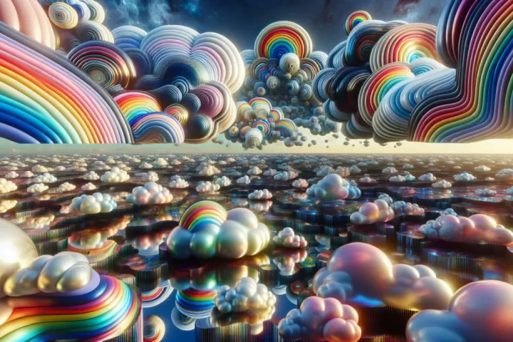 A surreal landscape depicting layers of clouds and reflections, symbolizing dreams.
