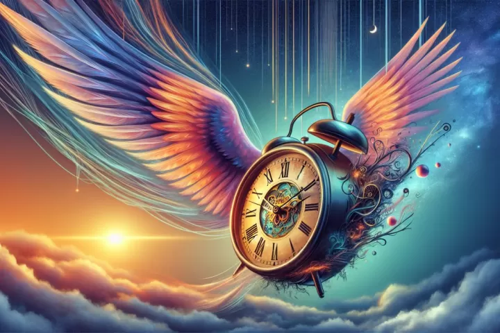 A dreamlike scene of clocks, a rushing platform, and someone hurrying as a train departs.