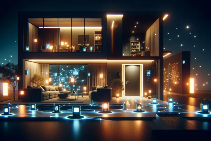 A modern smart home at night with glowing automated devices becoming unsettling and controlling