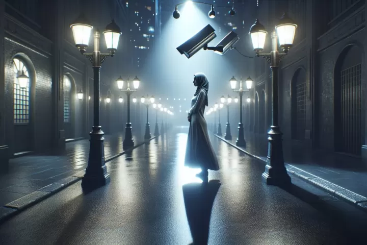 A person standing beneath quiet surveillance cameras in a dreamlike night setting