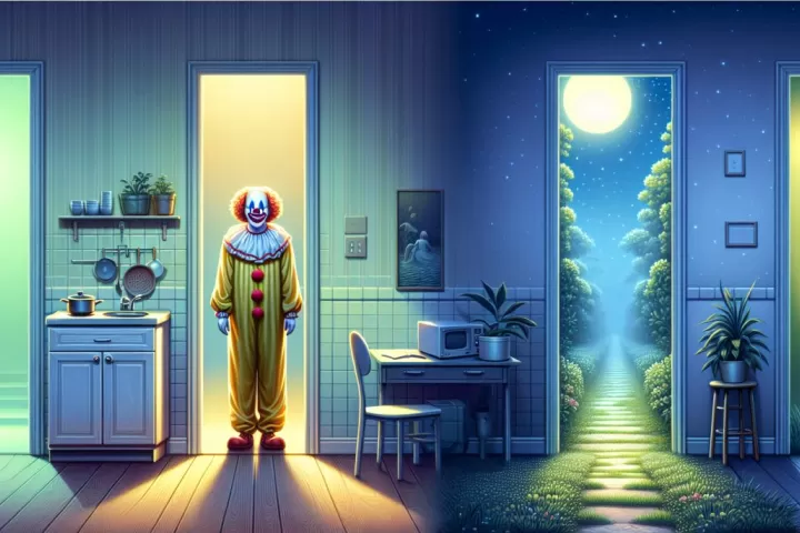 A symbolic dreamlike clown appearing in an ordinary hallway under strange lighting