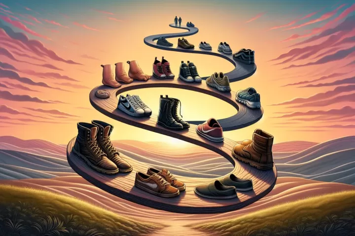 A symbolic dream scene of shoes placed on a moonlit path, representing life direction and identity