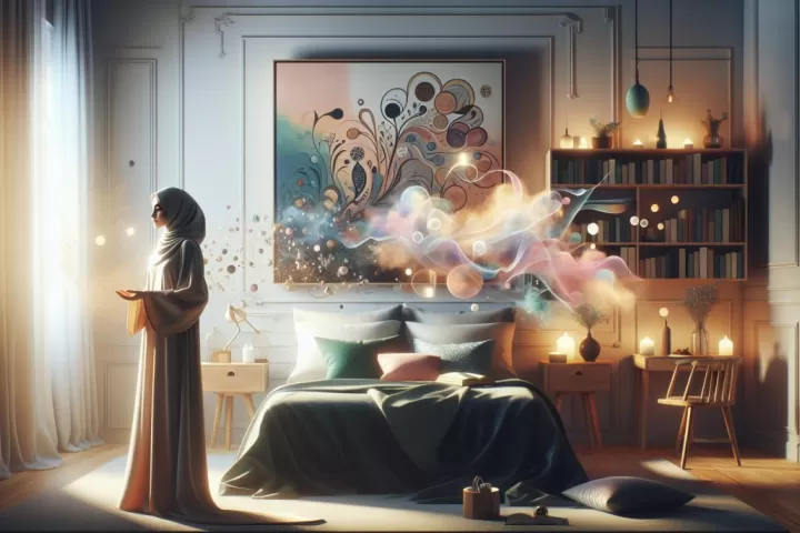 A dreamlike bedroom scene where someone appears awake while still inside a surreal sleeping state.