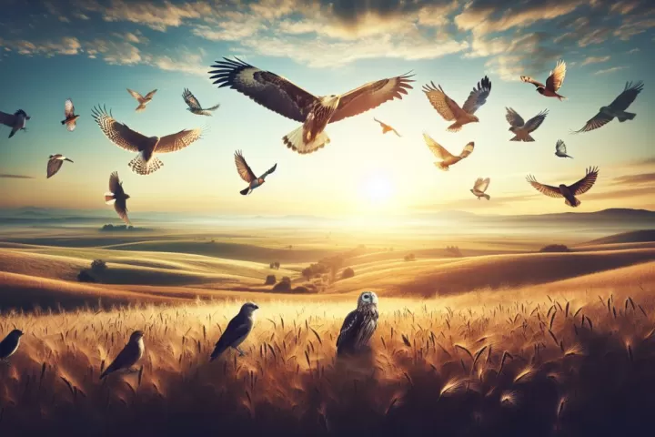 Birds flying across a glowing sky, symbolizing freedom, messages, and spiritual perspective in dreams.
