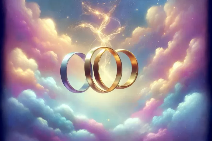 A symbolic dreamlike image of shining rings resting in soft light.