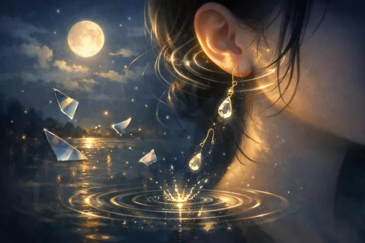 Symbolic illustration of an earring falling out in a dreamy moonlit scene