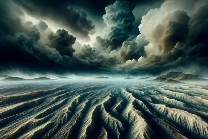 Dreamlike cracked ground and collapsing city buildings during an earthquake