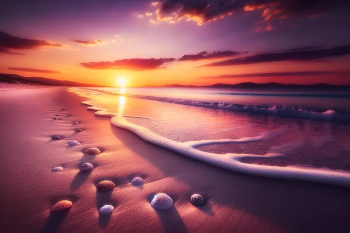 A dreamlike endless beach stretching toward the horizon with soft waves and golden light.
