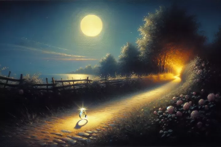 Symbolic illustration of a lost engagement ring on a moonlit path, representing commitment and uncertainty