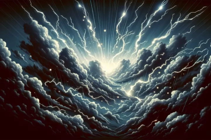 A dreamlike eternal storm with dark clouds, lightning, heavy rain, and a dramatic sky, symbolising emotional turmoil and prolonged pressure.
