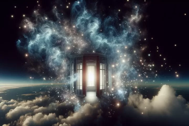 An ethereal anti-gravity room with floating furniture under a starry glow