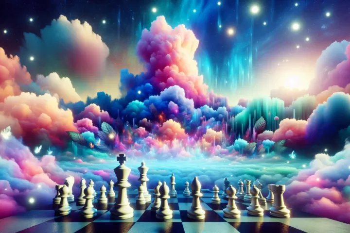 A surreal giant chessboard stretching like a world of black and white squares with towering chess pieces.