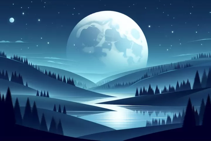 A giant luminous moon filling the night sky above a dark landscape