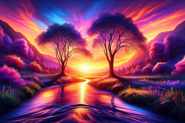 Symbolic illustration of love represented by intertwined trees and a gentle stream at sunset.