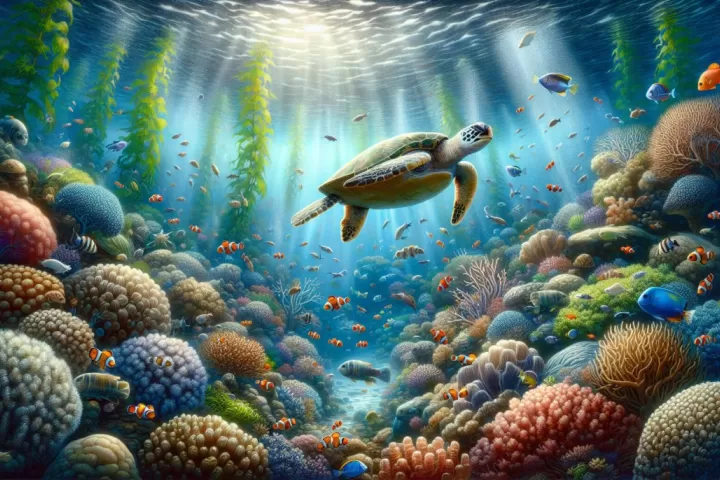 A dreamlike deep ocean with dark blue water, light filtering from above, and the feeling of vast hidden depth.