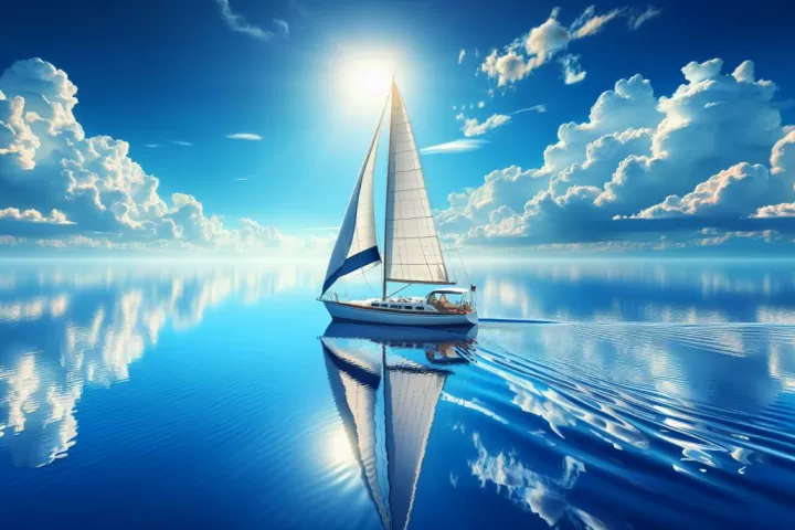 A sailboat moving across open water at dusk, symbolising freedom, direction, and emotional navigation in a dream.