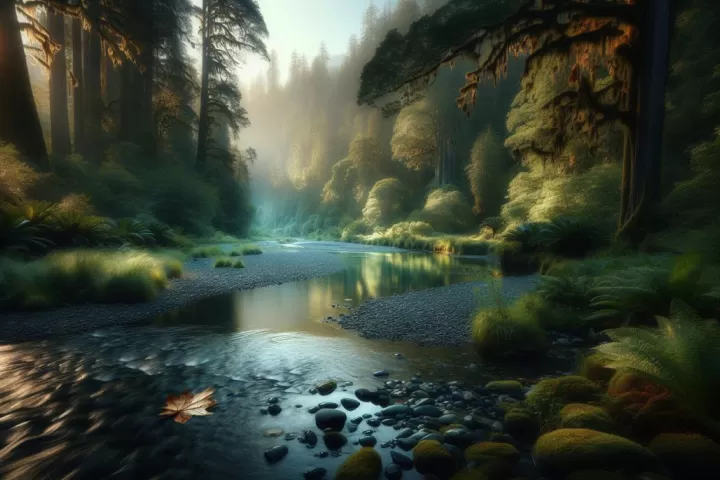A symbolic dreamlike river winding through a misty landscape, representing memory, emotion, and life transitions.