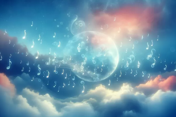 Golden music notes floating through a dreamlike sky, symbolising creativity, expression, and emotional rhythm.
