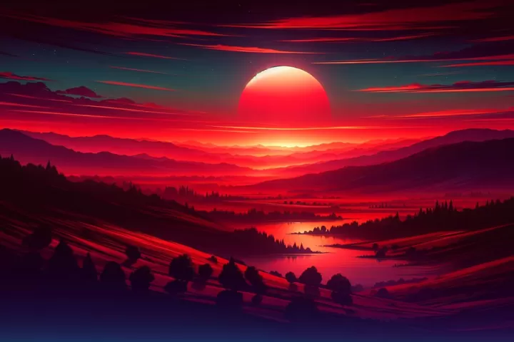 A dramatic crimson sky over a quiet landscape, reflecting dream symbolism around warning, emotion, and transition.
