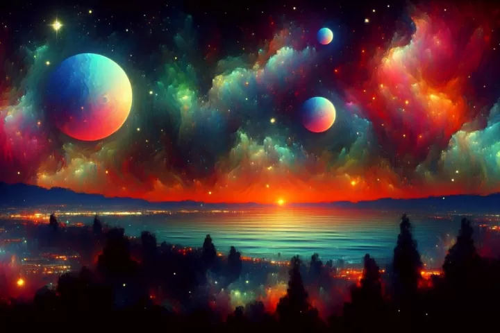 A surreal alien sky with vivid colours and strange celestial forms above the horizon.