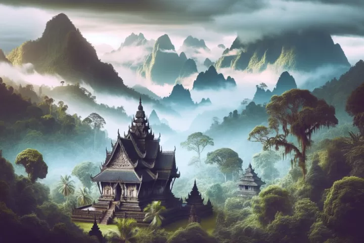 An ancient temple in a dreamlike landscape glowing with mystery and sacred stillness